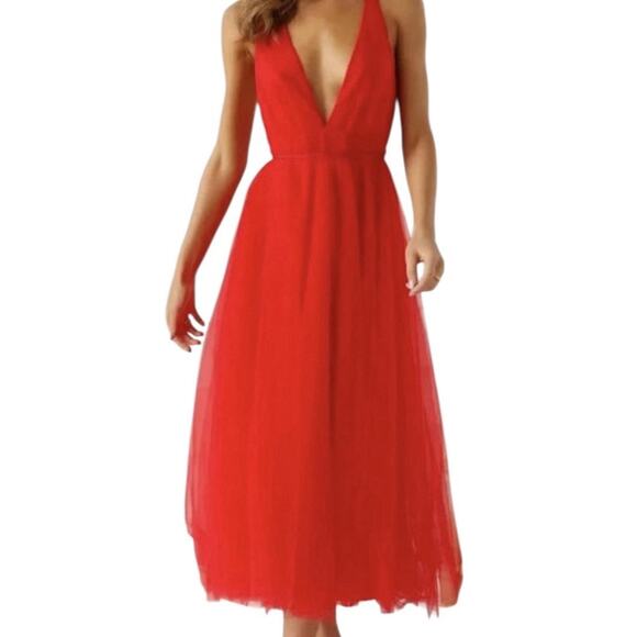 Hello Molly Red Tulle Midi Dress Size M AU10/US6 Deep V Backless Criss Cross NWT - Picture 1 of 6